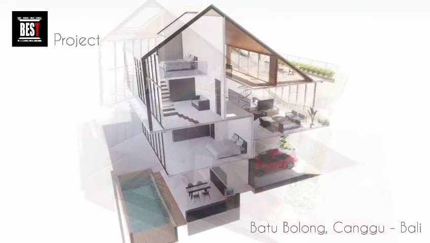 A cutaway model of the Batubolong villa, its three levels open to view