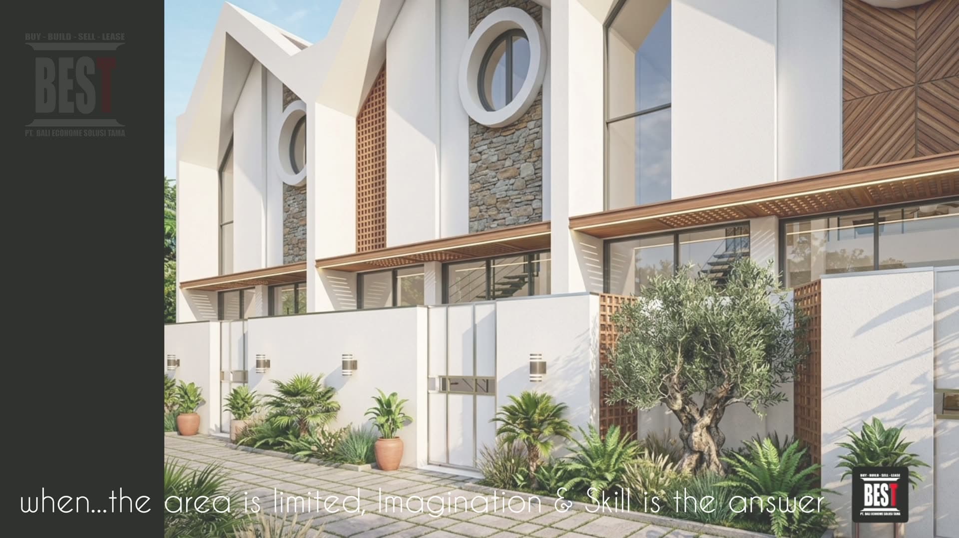 Interior render of a compact villa with a stone feature wall and a courtyard