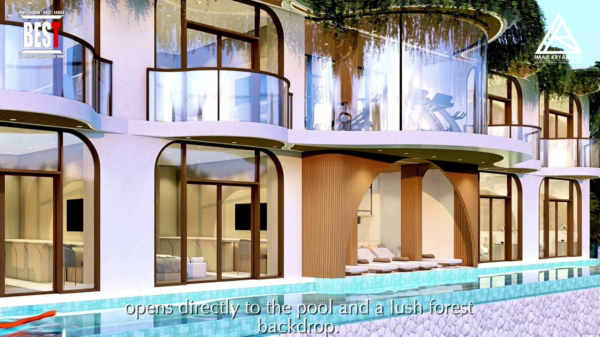 Render of a villa's glass frontage opening onto a pool and garden