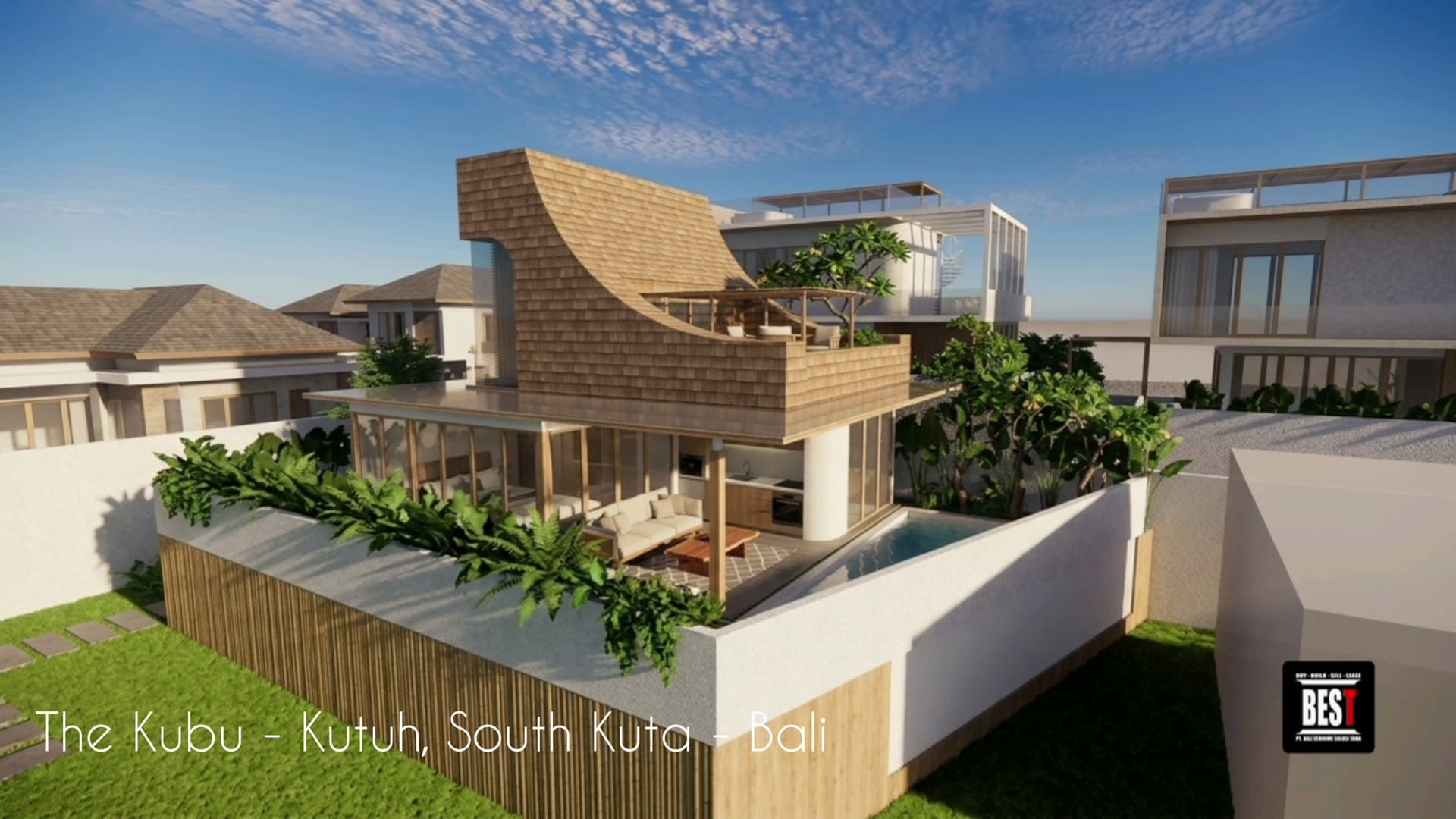 Aerial exterior render of The Kubu villa in Kutuh, South Kuta